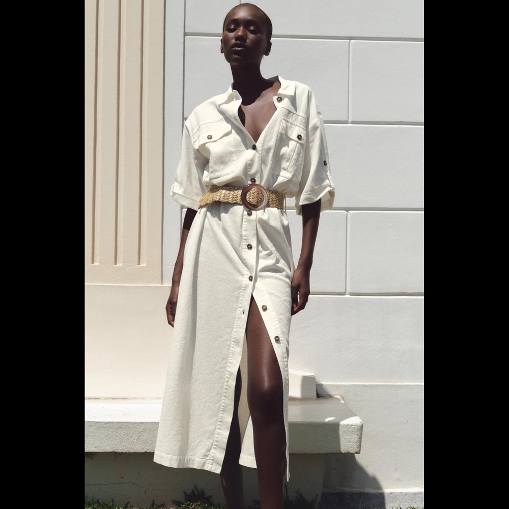 Zara Cream Button-Front Midi Shirt Dress